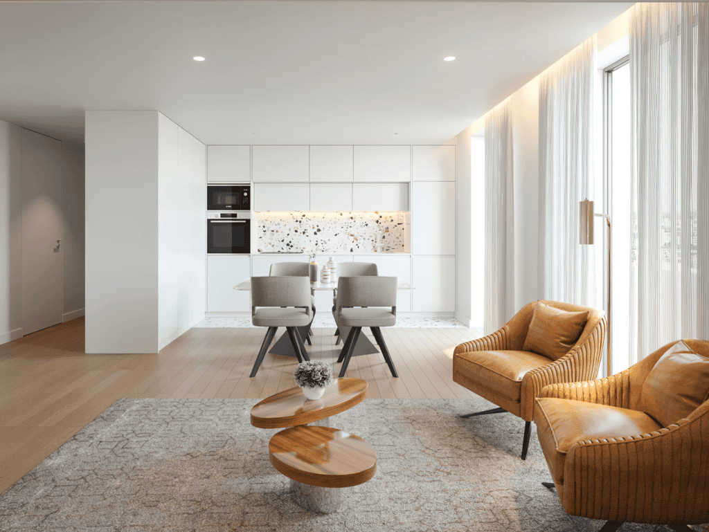 Modern Porto apartment interior with open-plan kitchen and living area.
