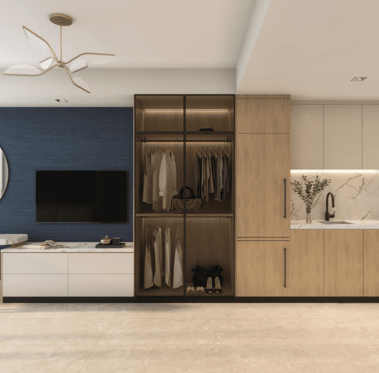 Stylish Miami property with contemporary decor, open wardrobe, and modern kitchen setup.