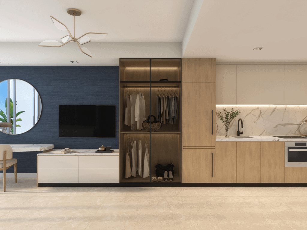 Stylish Miami property with contemporary decor, open wardrobe, and modern kitchen setup.
