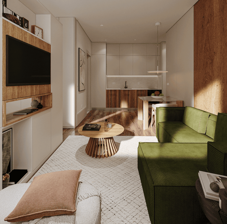 Living room interior with contemporary furniture and natural light in Matosinhos, Portugal.