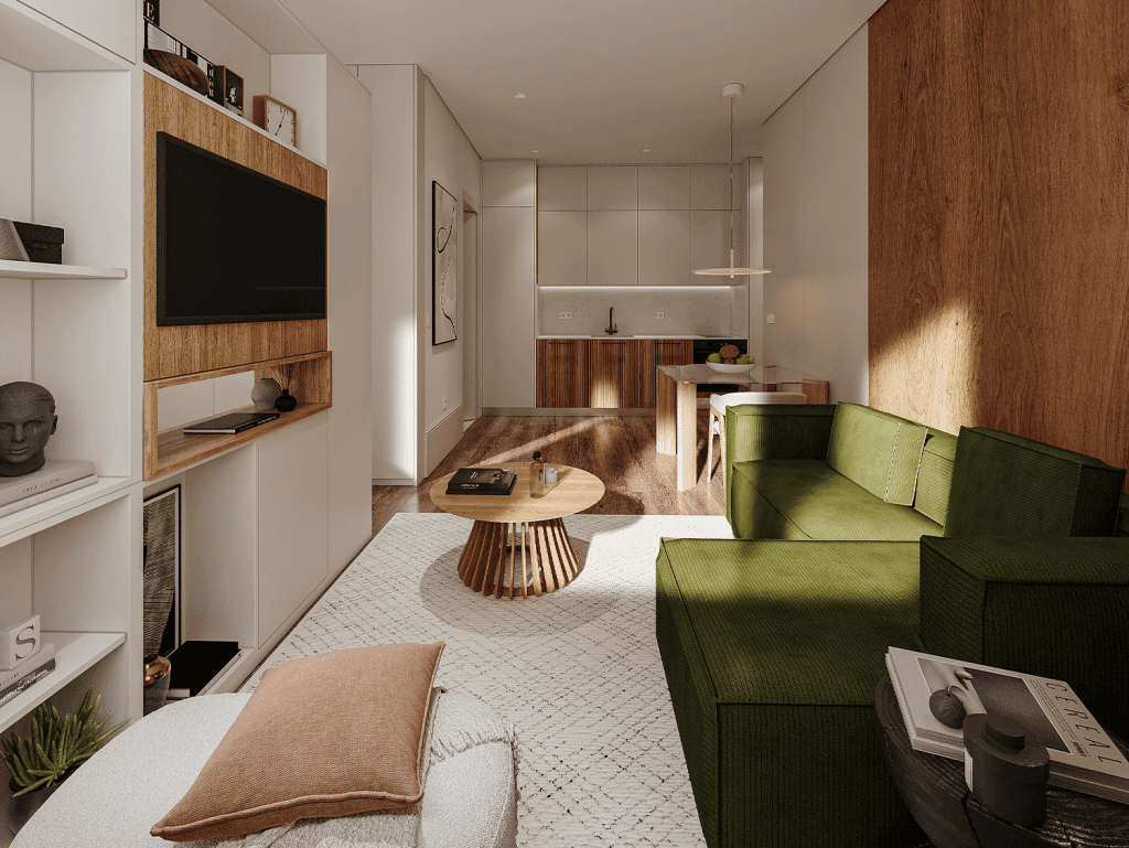 Living room interior with contemporary furniture and natural light in Matosinhos, Portugal.