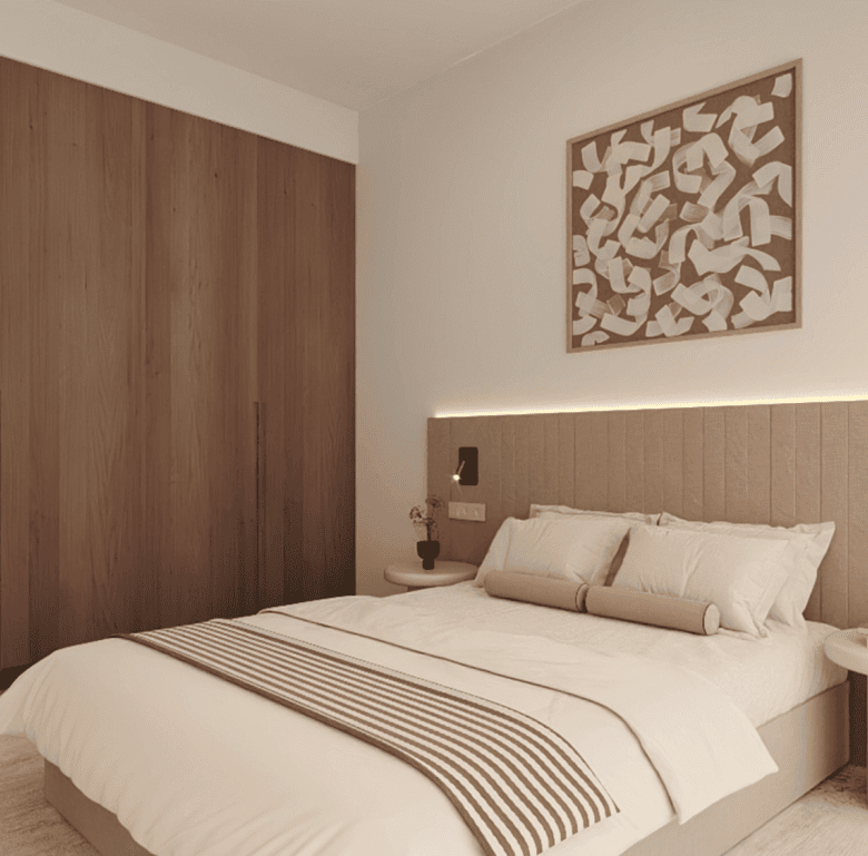 Contemporary bedroom in Algarve with wooden wardrobe and stylish decor.