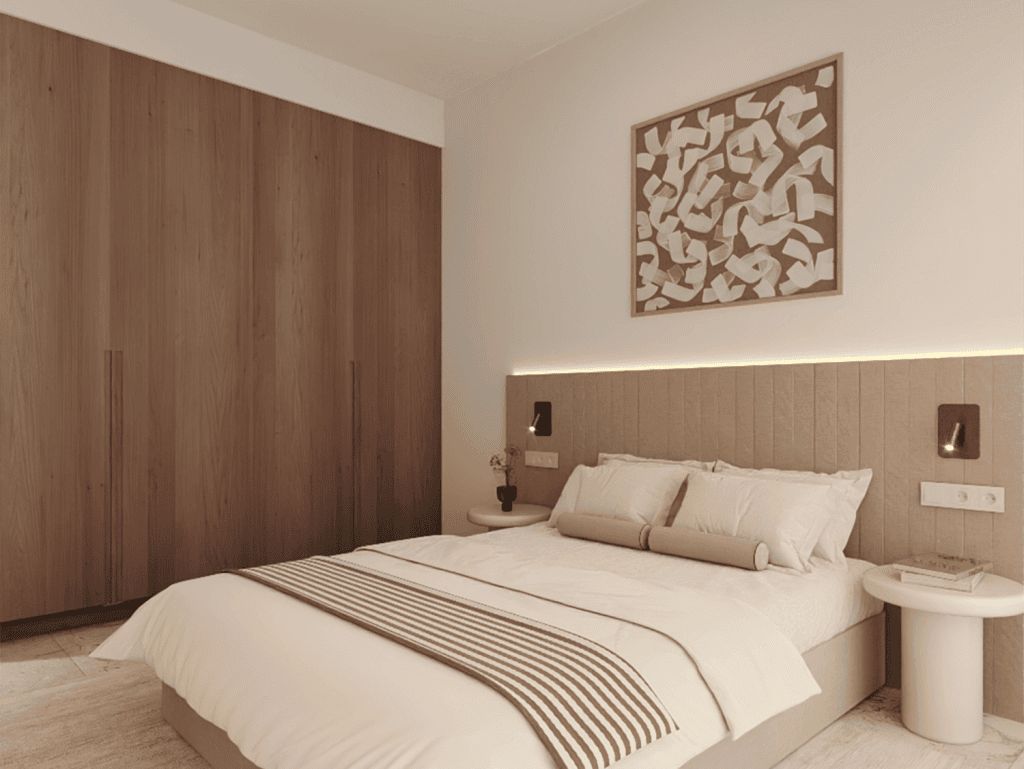Contemporary bedroom in Algarve with wooden wardrobe and stylish decor.