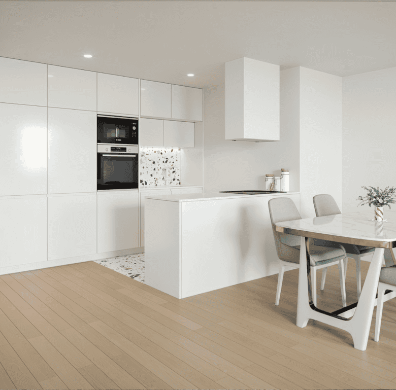 Contemporary kitchen design in Porto, Portugal featuring sleek white cabinets and a cozy dining spac.