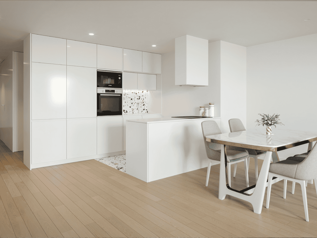 Contemporary kitchen design in Porto, Portugal featuring sleek white cabinets and a cozy dining spac.