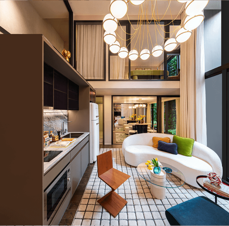 Stylish Bangkok apartment interior featuring contemporary furniture, large windows, and lush greener.