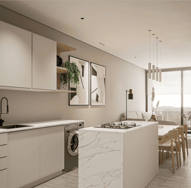Contemporary kitchen and living space at The Edge in Panama City, Panama.