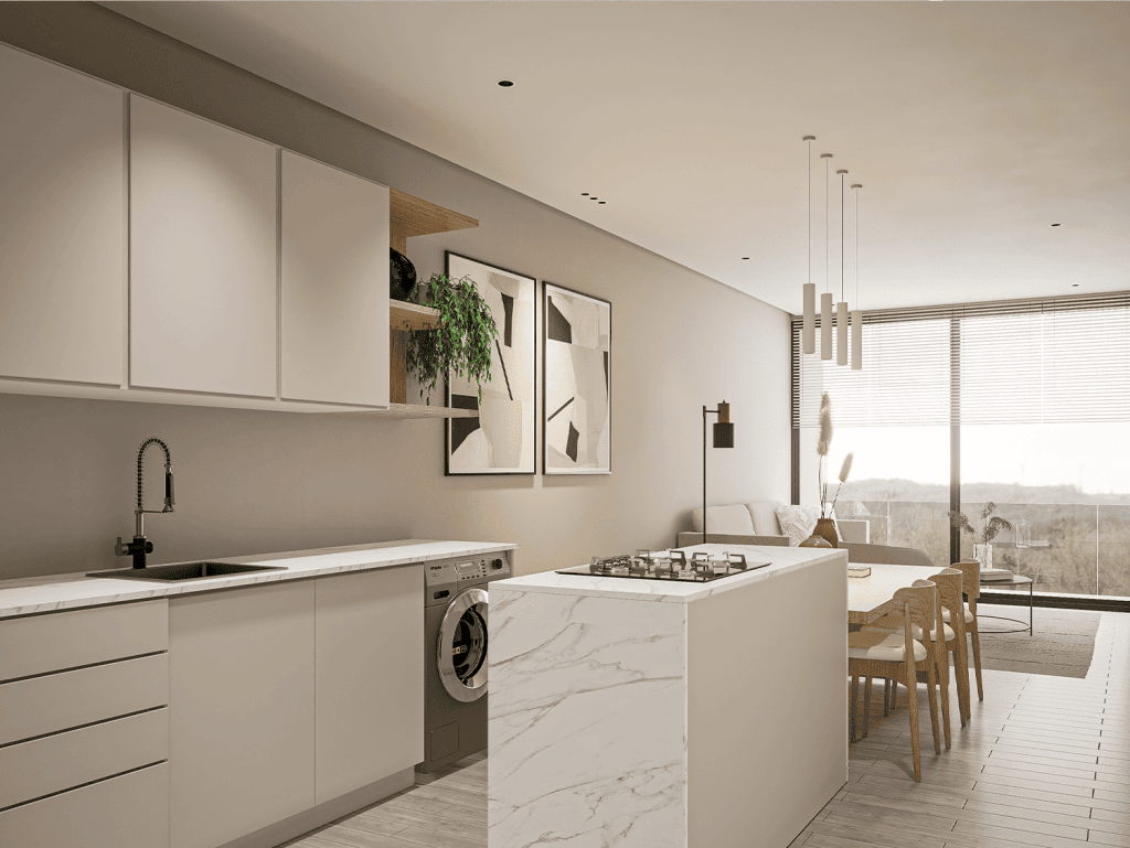 Contemporary kitchen and living space at The Edge in Panama City, Panama.
