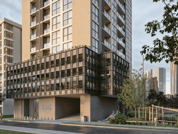 Modern high-rise residential building in Panama City with glass balconies and urban surroundings.
