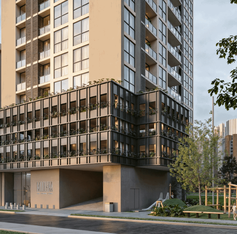 Modern high-rise residential building in Panama City with glass balconies and urban surroundings.