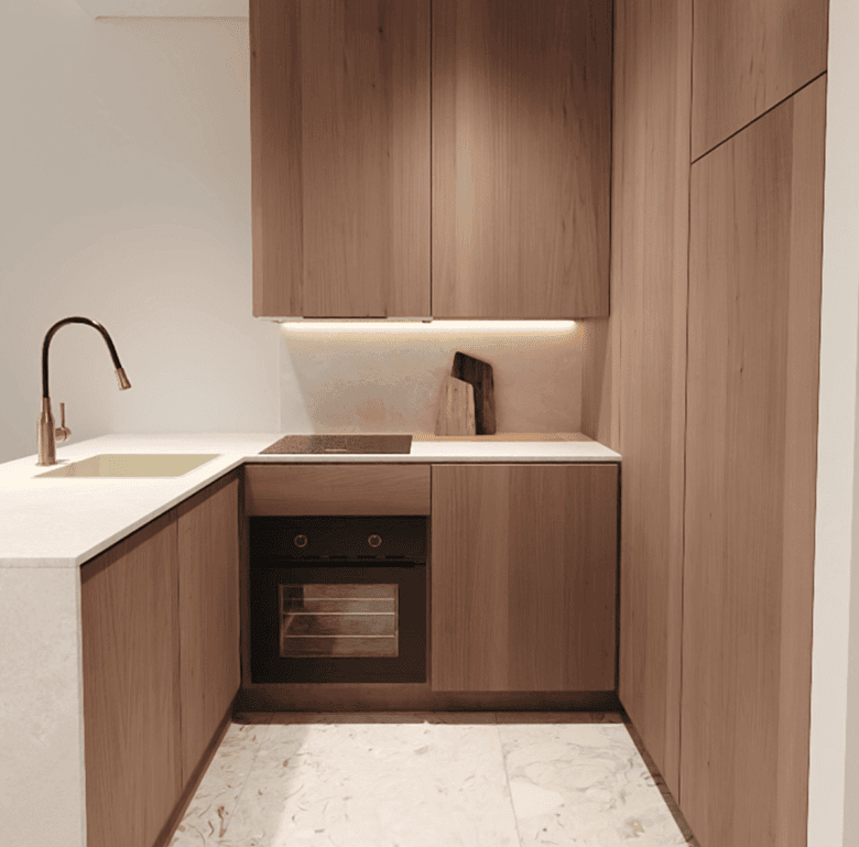 Contemporary Algarve kitchen featuring wooden cabinetry and sleek, minimalist style.