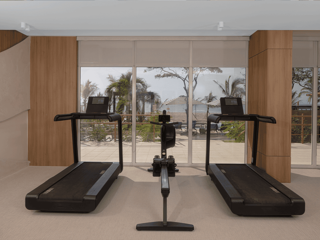 Treadmills facing large windows with ocean and palm trees in the background.