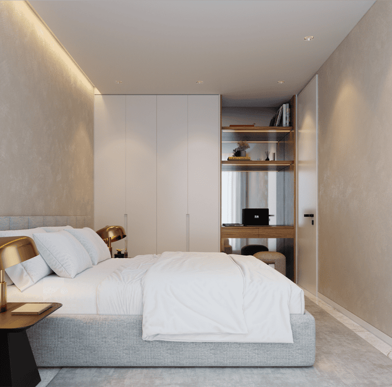 Stylish bedroom featuring contemporary design, neutral tones, and sleek furnishings in Ribeira Brava.