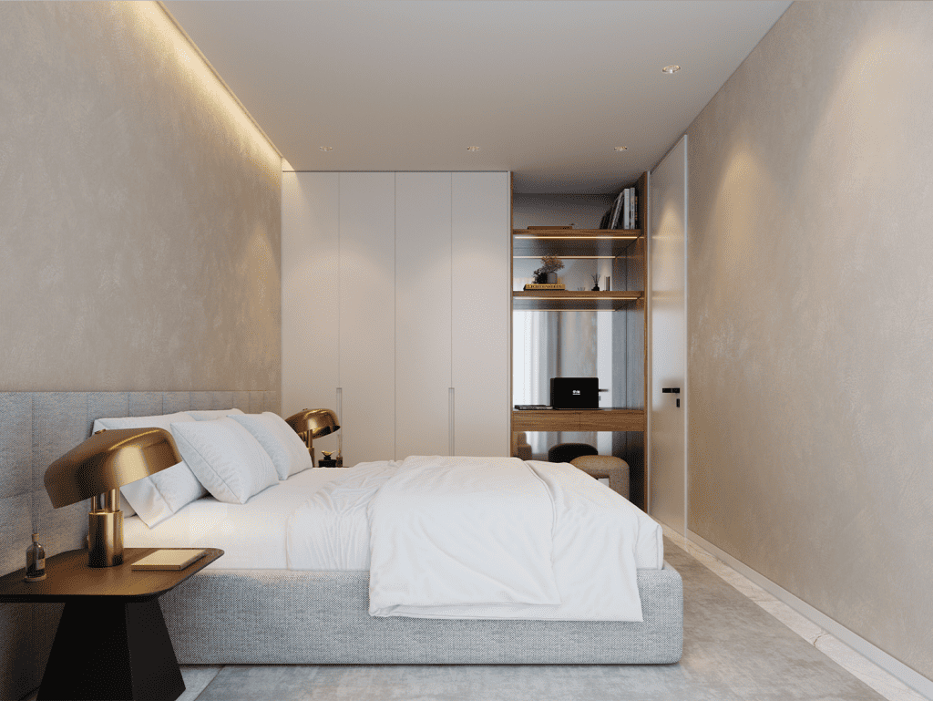 Stylish bedroom featuring contemporary design, neutral tones, and sleek furnishings in Ribeira Brava.