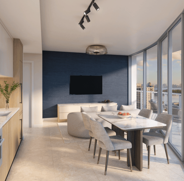 Modern Miami apartment interior with ocean views from balcony, featuring a stylish living area, dini.