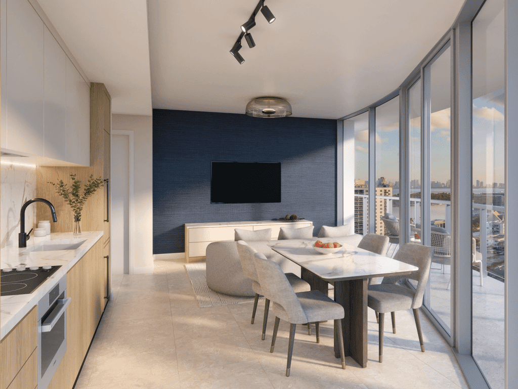 Modern Miami apartment interior with ocean views from balcony, featuring a stylish living area, dini.
