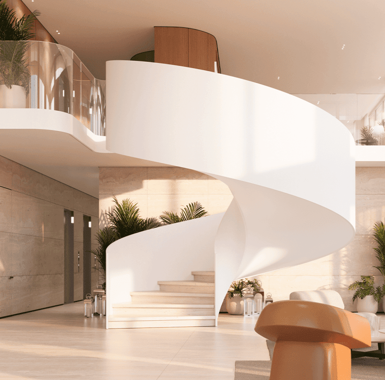 Spiral staircase inside Nautilus luxury property in Panama City, Panama.