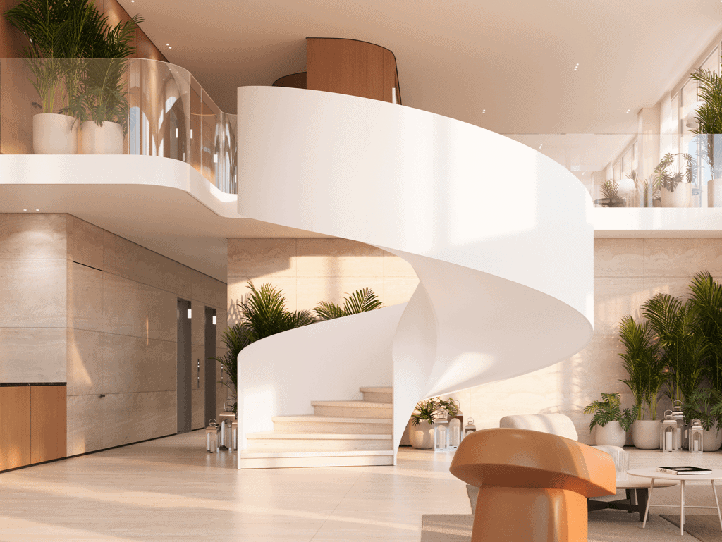 Spiral staircase inside Nautilus luxury property in Panama City, Panama.