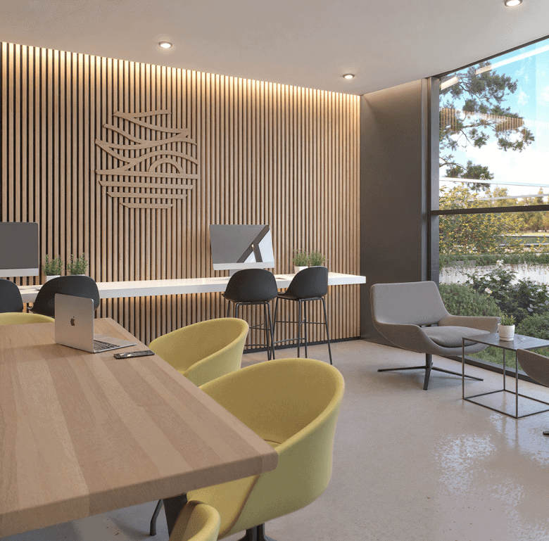 Modern office with large window overlooking nature and a stylish wooden wall design.