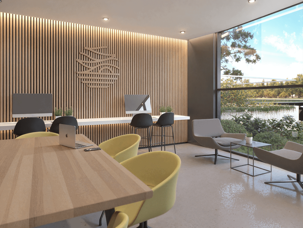 Modern office with large window overlooking nature and a stylish wooden wall design.