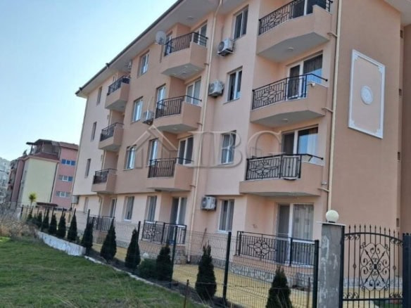 Apartment building with balconies close to the beach in Ravda, Bulgaria.