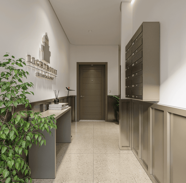 Modern apartment hallway with mailboxes, plants, and minimalist decor in Portugal.
