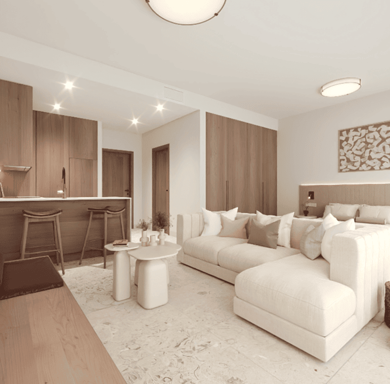 Elegant Algarve property living room with cozy sofas and contemporary design.