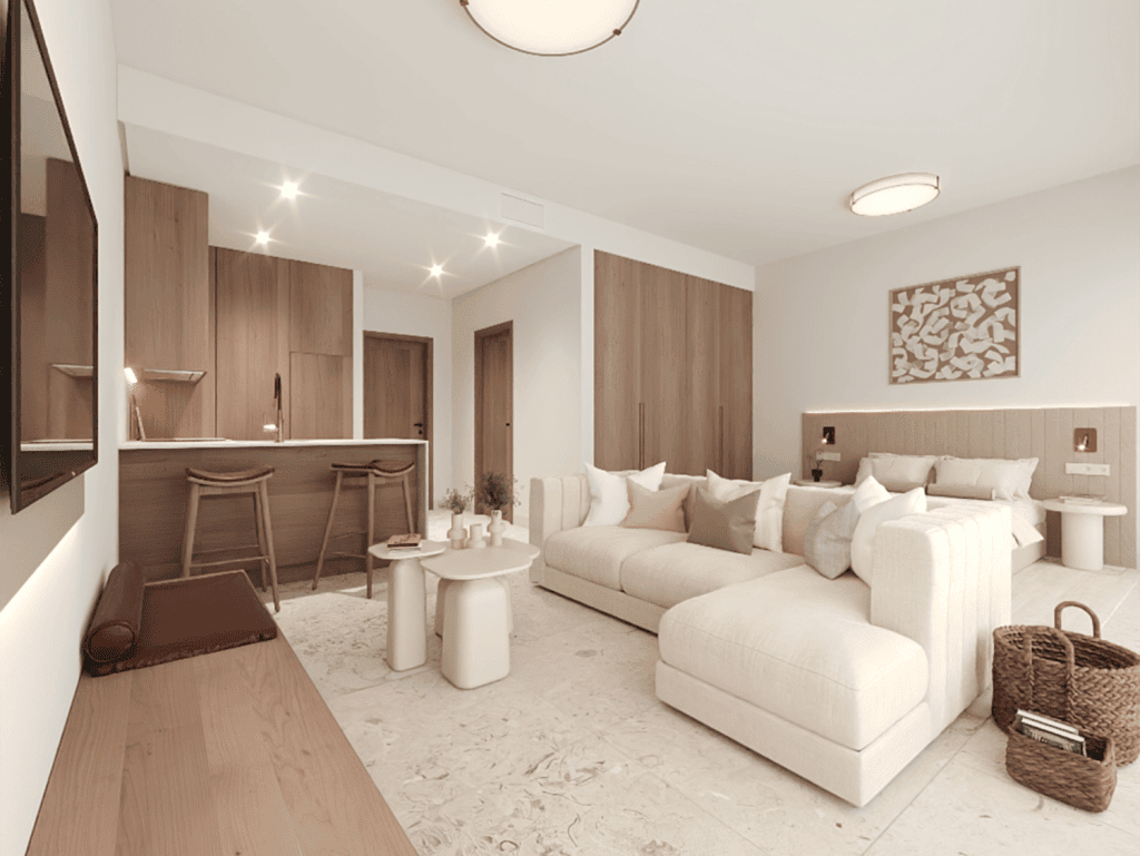Elegant Algarve property living room with cozy sofas and contemporary design.
