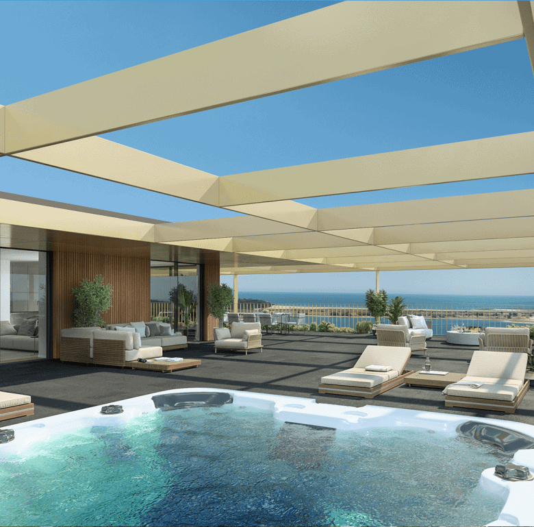 Modern terrace with hot tub and sea view in Porto, Portugal.