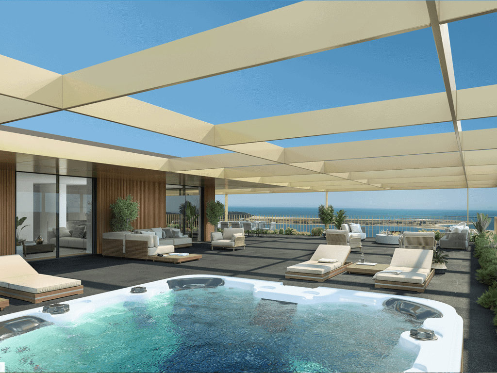 Modern terrace with hot tub and sea view in Porto, Portugal.