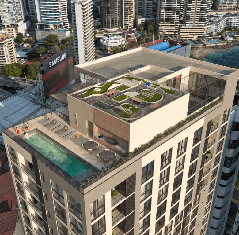 Moderna luxury high-rise building in Panama City with rooftop pool and garden.