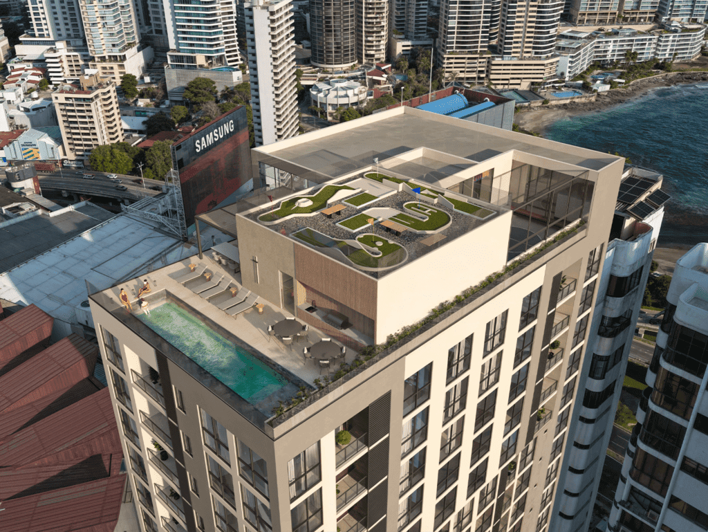 Moderna luxury high-rise building in Panama City with rooftop pool and garden.
