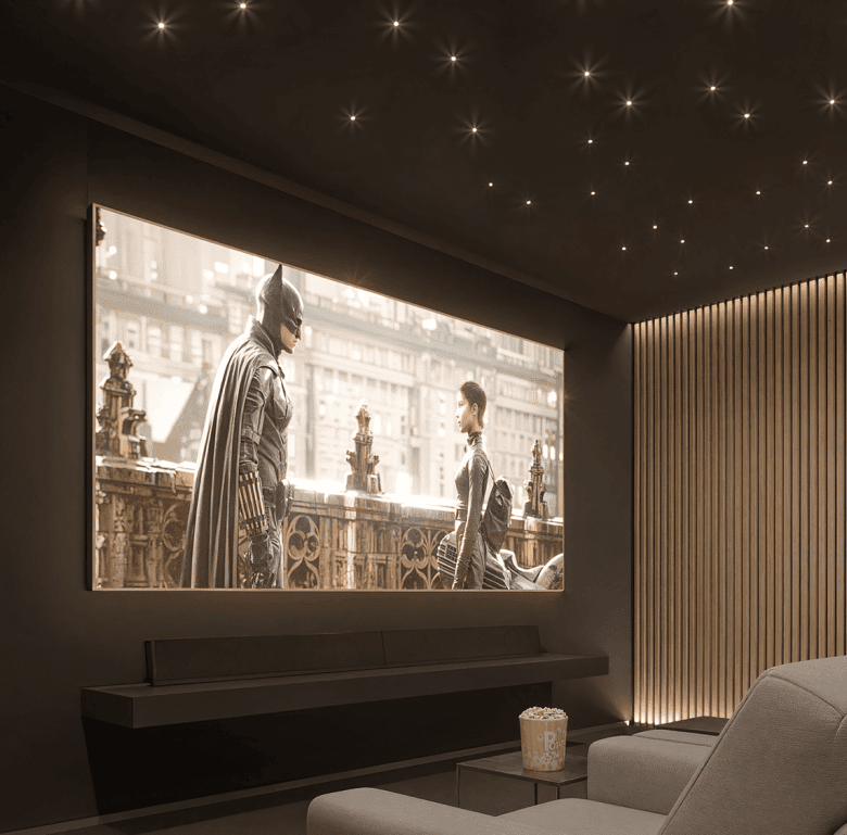 Modern home theater with large screen and cozy seating in Punta Del Este, Uruguay.