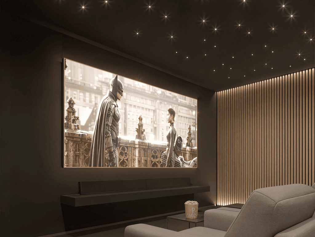 Modern home theater with large screen and cozy seating in Punta Del Este, Uruguay.