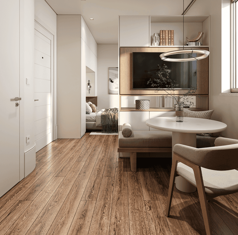 Bright, stylish apartment interior with natural light and minimalist decor.