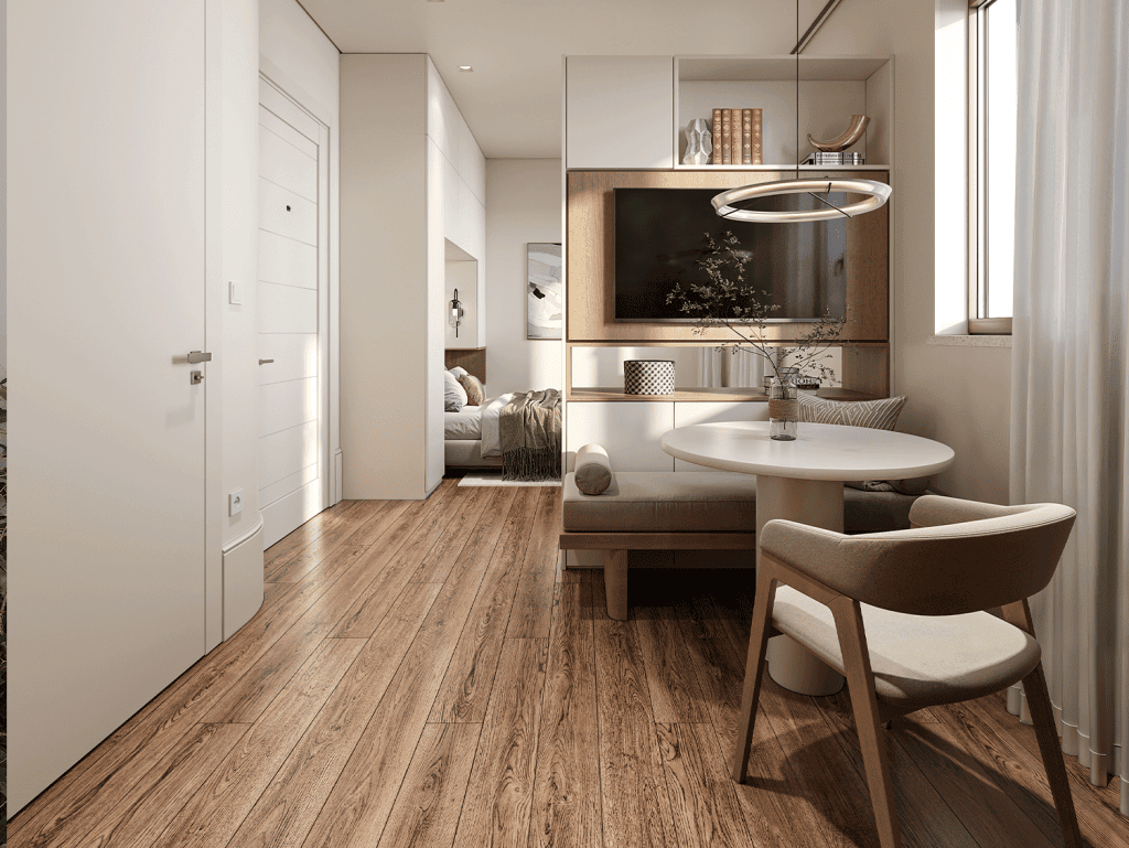Bright, stylish apartment interior with natural light and minimalist decor.