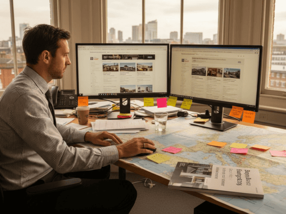 Man working at a cluttered desk with dual monitors, planning international property investments.