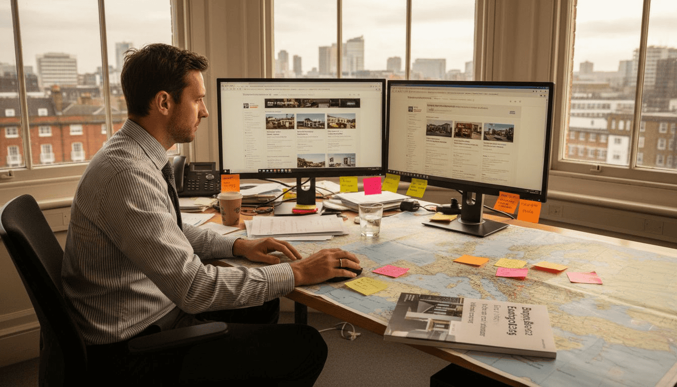 Man working at a cluttered desk with dual monitors, planning international property investments.