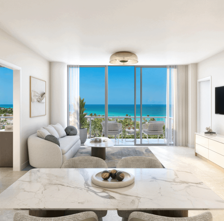 Ocean view living room in Miami apartment with modern furnishings and large windows.