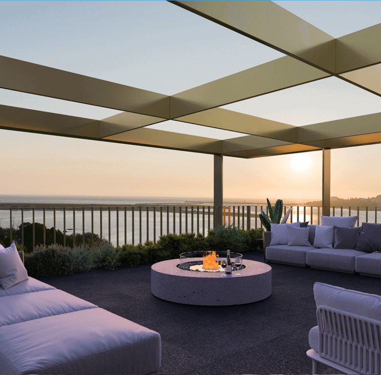 Porto marina terrace with stylish outdoor seating and sunset scenery in Porto, Portugal.