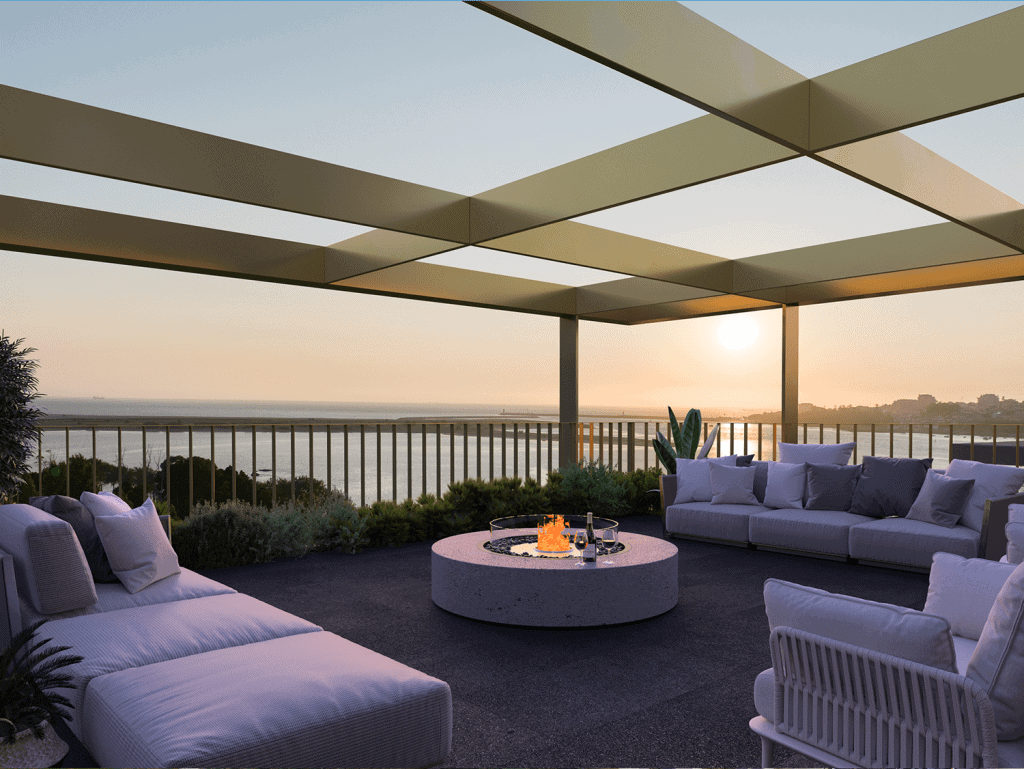 Porto marina terrace with stylish outdoor seating and sunset scenery in Porto, Portugal.