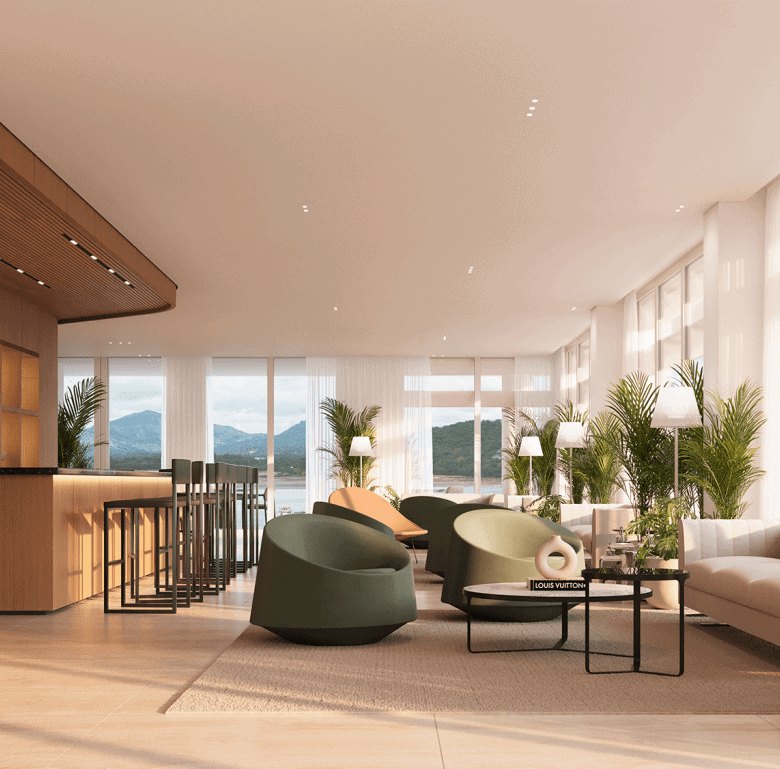 Nautilus lounge with contemporary furniture and panoramic city views in Panama City, Panama.