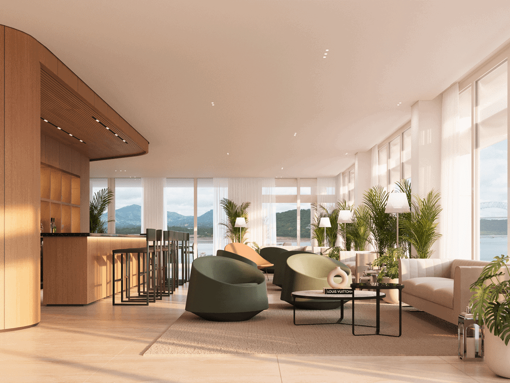 Nautilus lounge with contemporary furniture and panoramic city views in Panama City, Panama.