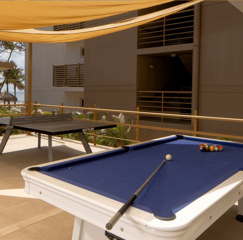 Pool table and ping pong on balcony at Surfside, Playa Caracol, Panama.