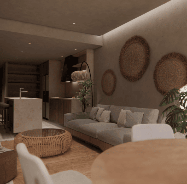 Stylish living room with neutral tones, wicker accents, and indoor plants in Alma - Bucerias, Mexico.