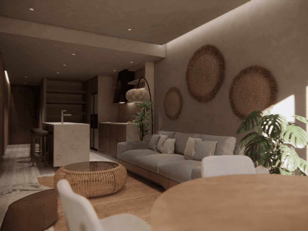 Stylish living room with neutral tones, wicker accents, and indoor plants in Alma - Bucerias, Mexico.