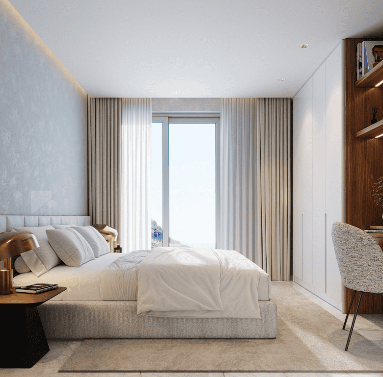 Modern bedroom with sea view in Ribeira Brava, Madeira, Portugal.