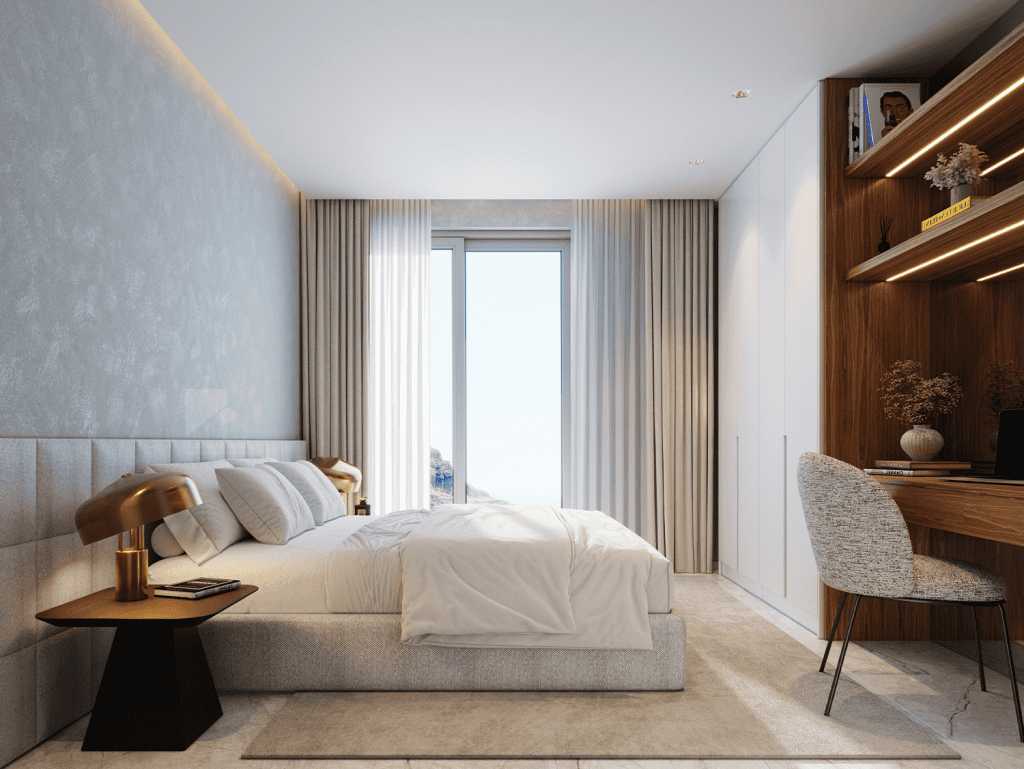 Modern bedroom with sea view in Ribeira Brava, Madeira, Portugal.