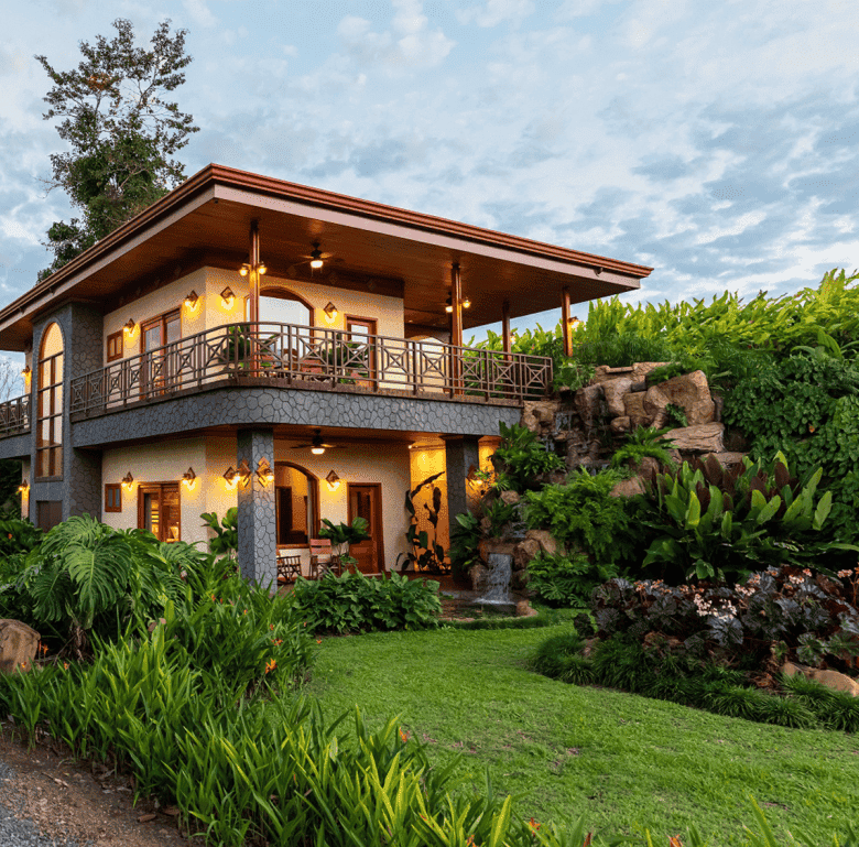 Beautiful Costa Rican villa with lush gardens, waterfall, and spacious balcony in Arenal Hills, La F.