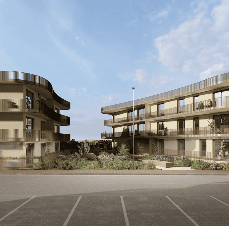 Contemporary apartment complex in Coimbra, Portugal with landscaped gardens and spacious balconies.